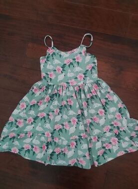 Janie & Jack Sz7 Green Flamingo & Pink Floral Spaghetti-Strap Girls Dress